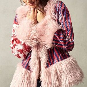 NEW Boho Faux Fur Trim Jacket Pink Shaggy Collar Floral Print Statement Coat SM